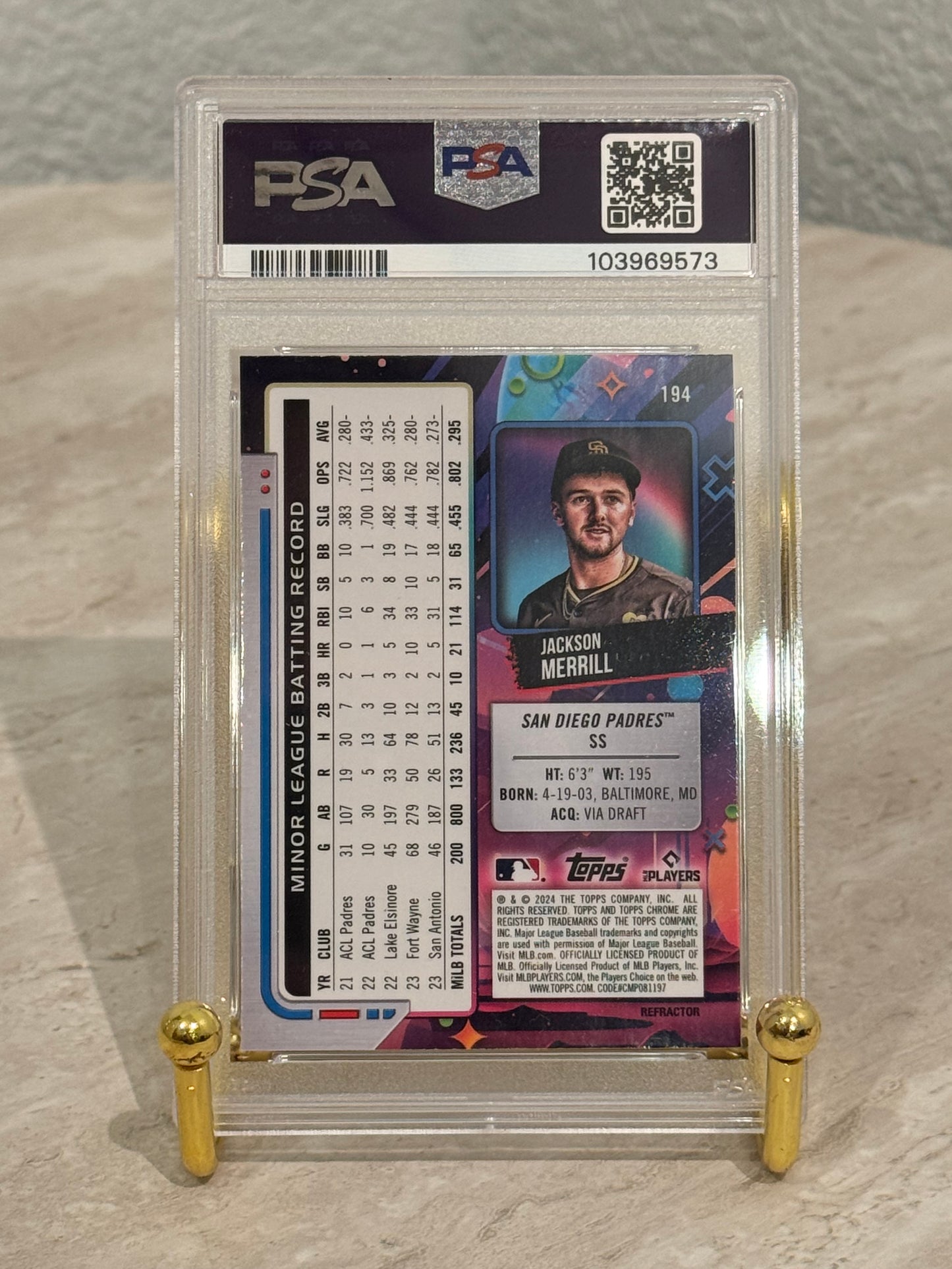 Jackson Merrill RC PSA 10 2024 Topps Chrome Cosmic Refractor #194 Padres Rookie Gem Mint