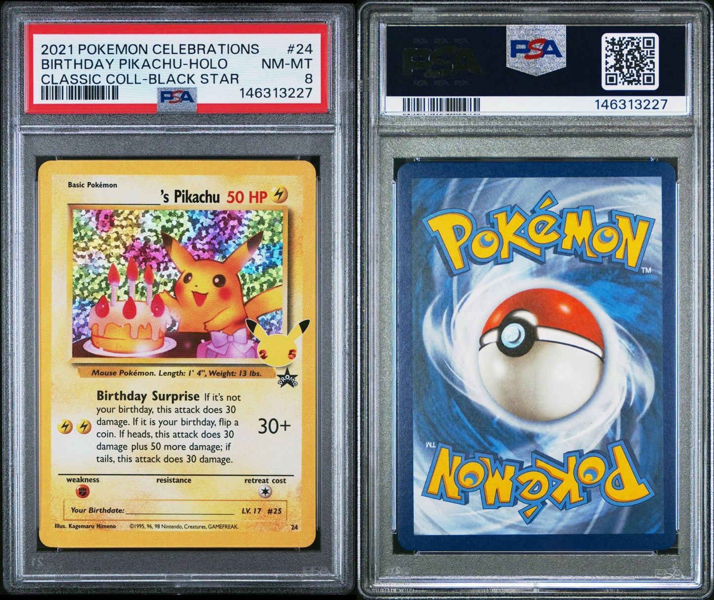 Birthday Pikachu Holo PSA 8 – 2021 Celebrations Black Star Promo #24