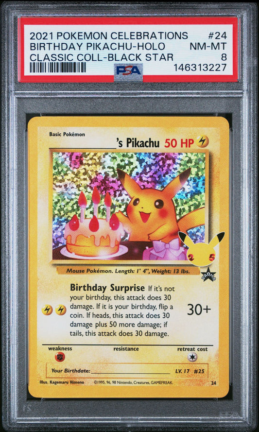 Birthday Pikachu Holo PSA 8 – 2021 Celebrations Black Star Promo #24